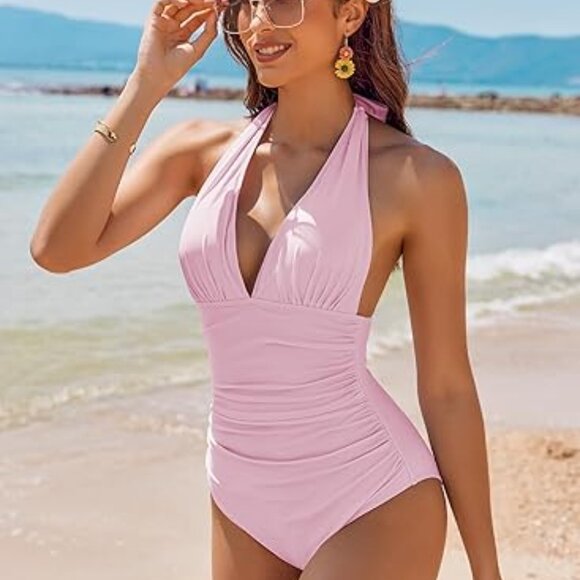 Women's Halter One Piece Swimsuit 2024 Tummy Control Bathing Suits Ruched - Picture 3 of 5